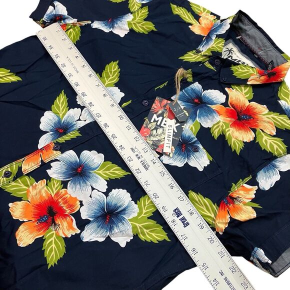 MBX Denim Wear Shirt Mens L Navy Cotton Hawaiian Colorful Button-Down Floral New - Picture 5 of 10